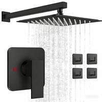 Système de douche multifonctionnel en laiton noir mat avec grande pomme de douche carrée à effet pluie, valve à noyau céramique, poignée unique, idéal pour appartement