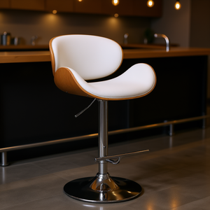 <b>Adjustable</b> Swivel Bar <b>Stool</b> Bentwood Design White Light Brown PU Leather Chrome Base Modern Bar Furniture - Product Image 2