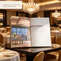 Impression personnalisée de brochures de mariage pour banquets d'hôtel, 175x265mm, couverture en papier Mohawk 270g, pages intérieures 160g avec pochette pour dépliant