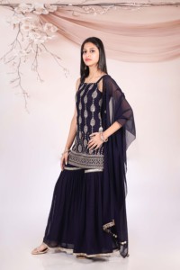 Women Ethnic Embroidered Kurta With Sharara And Dupatta Navy Blue Traditional Party Wear Indian Pakistani Clothing - Product Image 5