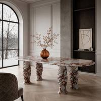 Table à manger ovale de luxe en marbre naturel, design moderne et unique avec base sculpturale, sur mesure pour hôtel, 6 places
