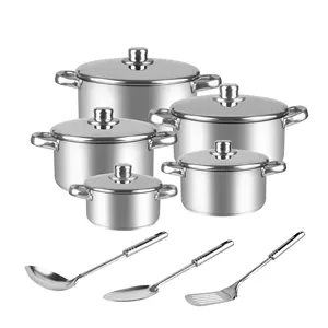 Set di pentole in acciaio inossidabile Set di pentole pentola per zuppa utensili da cucina personalizzati 15 pezzi Set di pentole e padelle con LOGO OEM