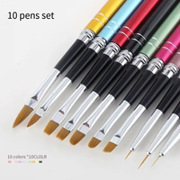 Ensemble de 10 pinceaux à ongles professionnels de haute qualité avec manche métallique coloré, pour gel, liner, peinture plate et ovale, outils de manucure pour salon