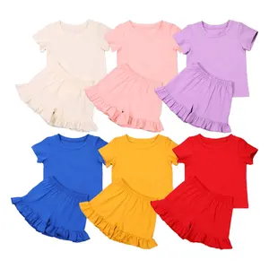 Однотонная одежда для маленьких девочек, детский хлопковый комплект с шортами с оборками, рубашка с коротким рукавом для маленьких детей, комплект из 2 предметов, эксклюзивная Розовая Одежда для девочек