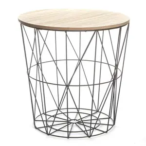 sólida mesa de café con almacenamiento Suppliers-Casa de almacenamiento cesta de alambre de metal mesa de café redonda de madera sólida con tapa