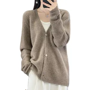 순수한 캐시미어 카디건 여성의 가을과 겨울 새로운 중공 V 넥 느슨한 크로 셰 뜨개질 울 니트 스웨터 코트