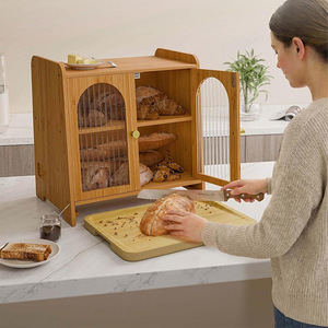 Boîte à pain en bambou à double couche avec portes pour le rangement de la cuisine et l'organisation des aliments - Product Image 1