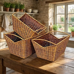 Cesta de Almacenamiento de Ratán Natural Hecha a Mano, Cesta Trapezoidal Tejida para Periódicos y Revistas con Asas, Venta al Por Mayor - Product Image 1