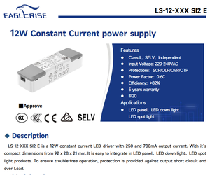 EAGLERISE LS-12-350 SI2 E 12W 350mA 30‑42V Non Dimmable Constant Current LED Driver AC198‑264Vac IP20 - Product Image 2