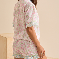 Ensemble de pyjama short à nœud papillon imprimé de fleurs d'été pour femmes personnalisées Ensemble de deux pièces de vêtements de nuit doux à col rabattu