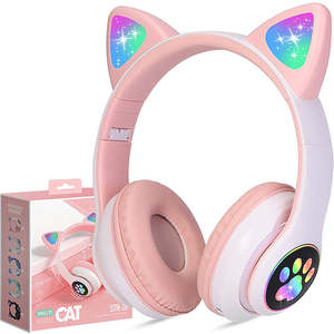 Tws Kid Cute Cat Over Ear 3C Led Light Live Chat Game Wireless Earphone Tf Card Bluetooth Gaming Headset Headphone For Children