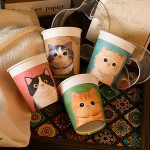Cute Cat <b>Pattern</b> Disposable <b>Paper</b> Cups 250ml Thickened For Hot Drinks Home Use - Product Image 1