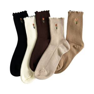 LUXE ENTERPRISES 2022 Autumn Collection <b>Women's</b> Fresh Floral Ruffle Combed Cotton Crew Casual <b>Socks</b> Embroidered Tulip Breathable - Product Image 4
