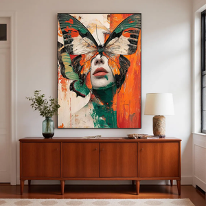 Dipinto Astratto di Donna con Farfalle, <span class=keywords><strong>Arte</strong></span> Murale Surreale Figurativa, Opera d'<span class=keywords><strong>Arte</strong></span> Originale Testurizzata in Arancione e Verde, Ritratto Moderno - Product Image 3