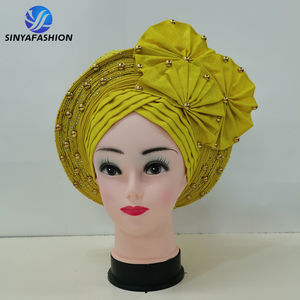 Gele nigérian Aso Oke uni, foulard africain auto-attachable très populaire avec pierres et perles - Product Image 6