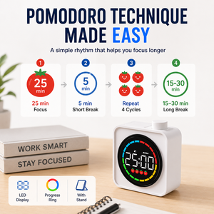 Minuteur Pomodoro pour Enfants et Usage Professionnel 25+5 <span class=keywords><strong>Min</strong></span> Affichage LED Concentration Batterie Rechargeable Compte à Rebours 99 <span class=keywords><strong>Min</strong></span> Design Carré Écologique - Product Image 3