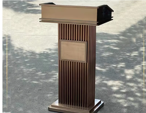 रियल एस्टेट आउटडोर व्याख्यान डेस्क स्टेनलेस स्टील बिक्री विभाग रिसेप्शन डेस्क स्टेनलेस स्टील बिक्री विभाग रिसेप्शन डेस्क ने भाषण के लिए सोने की फिनिश लकड़ी पैनल शैली - Product Image 1