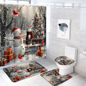 Cortina de Ducha de Poliéster con Diseño de Gato y Muñeco de Nieve Blanco para Navidad, Cortina de Baño con Impresión Digital Personalizada, Impermeable, Venta al por Mayor 3 - Product Image 6