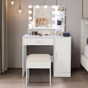 DB FCH Juego de tocador de maquillaje con espejo LED, 1 cajón, 1 gabinete, estantes de almacenamiento, muebles modernos para dormitorio - Product Image 3