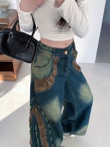 <span class=keywords><strong>Jean</strong></span> vintage délavé <span class=keywords><strong>effet</strong></span> <span class=keywords><strong>cuir</strong></span> vieilli pour <span class=keywords><strong>femme</strong></span>, coupe droite ample, taille mi-haute, déchiré, pantalon long - Product Image 4