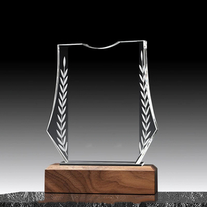 Crystal Manufacturer Company Shield Design Trophies Awards Wooden Base Crystal Glass Trophy Wood Award Plaques <strong>Custom</strong> - Product Image 1