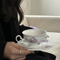 Vente chaude fleur violette imprimé vintage en céramique café et thé ensembles en céramique tasse à café ensemble porcelaine tasse à thé soucoupe ensemble