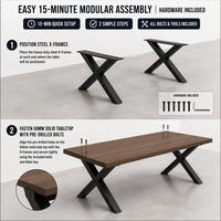 Table de salle à manger avec plateau en bois épais et pieds en métal croisés, style industriel pour usage domestique