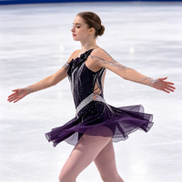 Robe de patinage artistique violette foncée avec strass, maille transparente, manches longues, dos ouvert, pour compétition et spectacle (adultes et enfants)