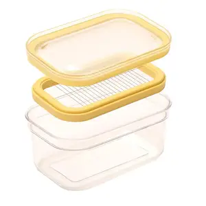 Persegi panjang bening plastik pembagi mentega piring penjaga mentega dengan tutup dan pemotong pengiris, kotak mentega keju penjaga untuk kulkas