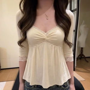 Blusa de punto con cuello en V y encaje para mujer, manga 3/4, corte holgado en A, elegante, informal, para todas las estaciones, camiseta suave - Product Image 4