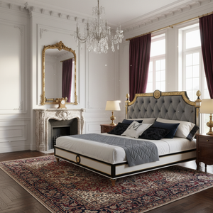 Cama King Size de Lujo Tapizada con Detalles en Dorado, Estructura de Madera de Caoba Sólida, Estilo Clásico Moderno para Uso en Hoteles y Apartamentos - Product Image 6