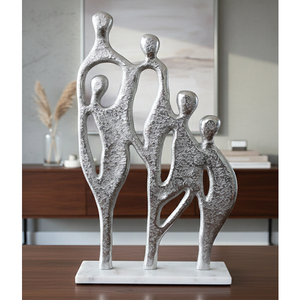 Escultura Familiar de Aluminio Premium con Base de Mármol, Figura Decorativa Moderna Abstracta Plateada - Product Image 1