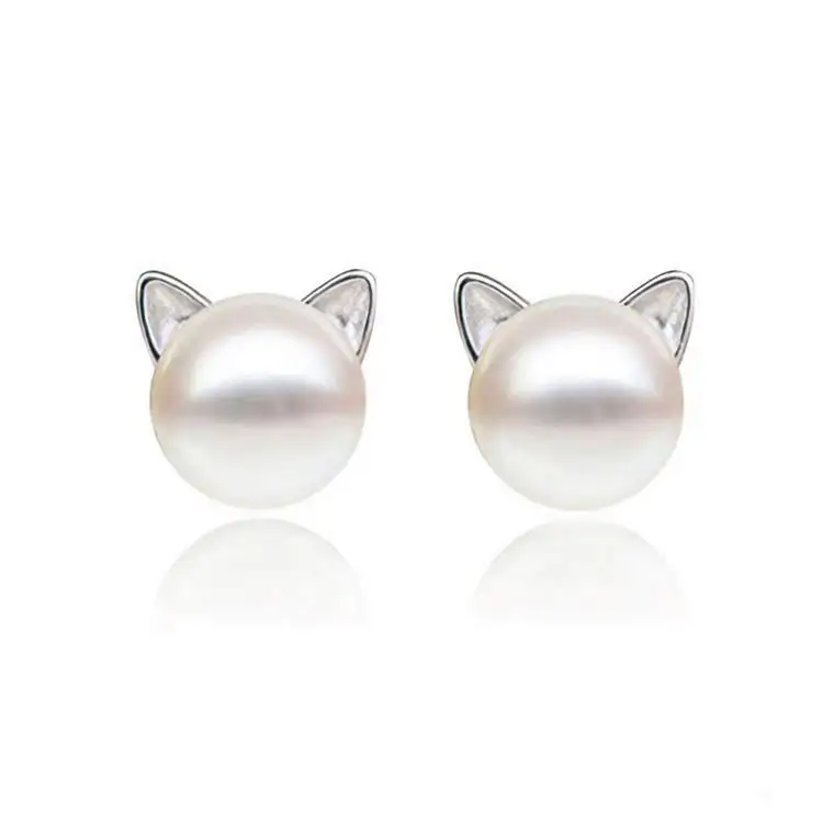 Cat Earrings Pearl Sterling Silver Studs For Women