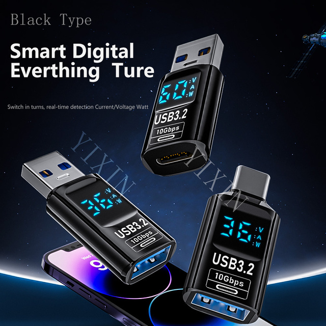 USB Female to USB C Male Converter Adapter 36W QC Fast Charging 60W PD Data Transfer OTG Plug Black & Translucent