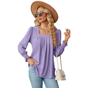 Autunno donna 3D Jacquard t-shirt Design popolare collo quadrato ampia manica lunga con perline camicetta Casual per le signore ragazze - Product Image 4