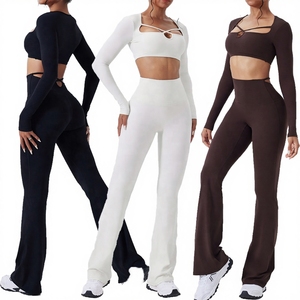 Ensemble de sport automne 2026, survêtement de yoga et fitness à manches longues, avec détails croisés sur le devant, bretelles fines, taille élastique, pour activités de plein air - Product Image 4