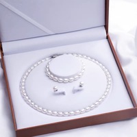 Parure de bijoux de bal en perles, collier, bracelet, boucles d'oreilles, perles de riz d'eau douce 7-8 mm, argent 925, pour adolescentes, charmante, vente en gros, personnalisable