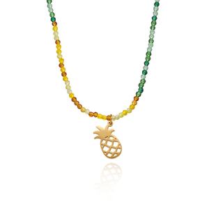 Collar Boho Vintage de Acero Inoxidable Chapado en Oro de 18K con Cuentas de Cristal Verde Esmeralda Hechas a Mano y Cadena de Bolas de Piña - Product Image 1