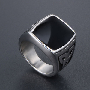 Men's Square <b>Titanium</b> Steel <b>Ring</b> With Black Inlay Geometric Design SA904 - Product Image 4