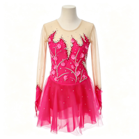 Robe de patinage artistique rose vif avec strass, manches longues en maille et jupe en tulle pour enfants et adultes, pour compétition et spectacle