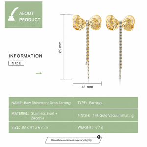 Boucles d'oreilles pendantes en zircon, acier inoxydable plaqué or 14 carats sous vide, ajourées, longues, avec pampilles en cristal, bijoux fantaisie - Product Image 4