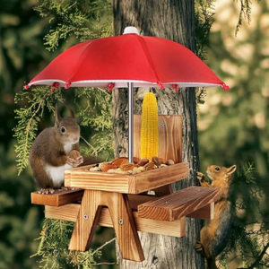 Mangeoire pour écureuils en bois carbonisé avec parasol, mangeoire pour écureuils, table de pique-nique pour l'extérieur, mangeoire pour chipmunks imperméable - Product Image 2
