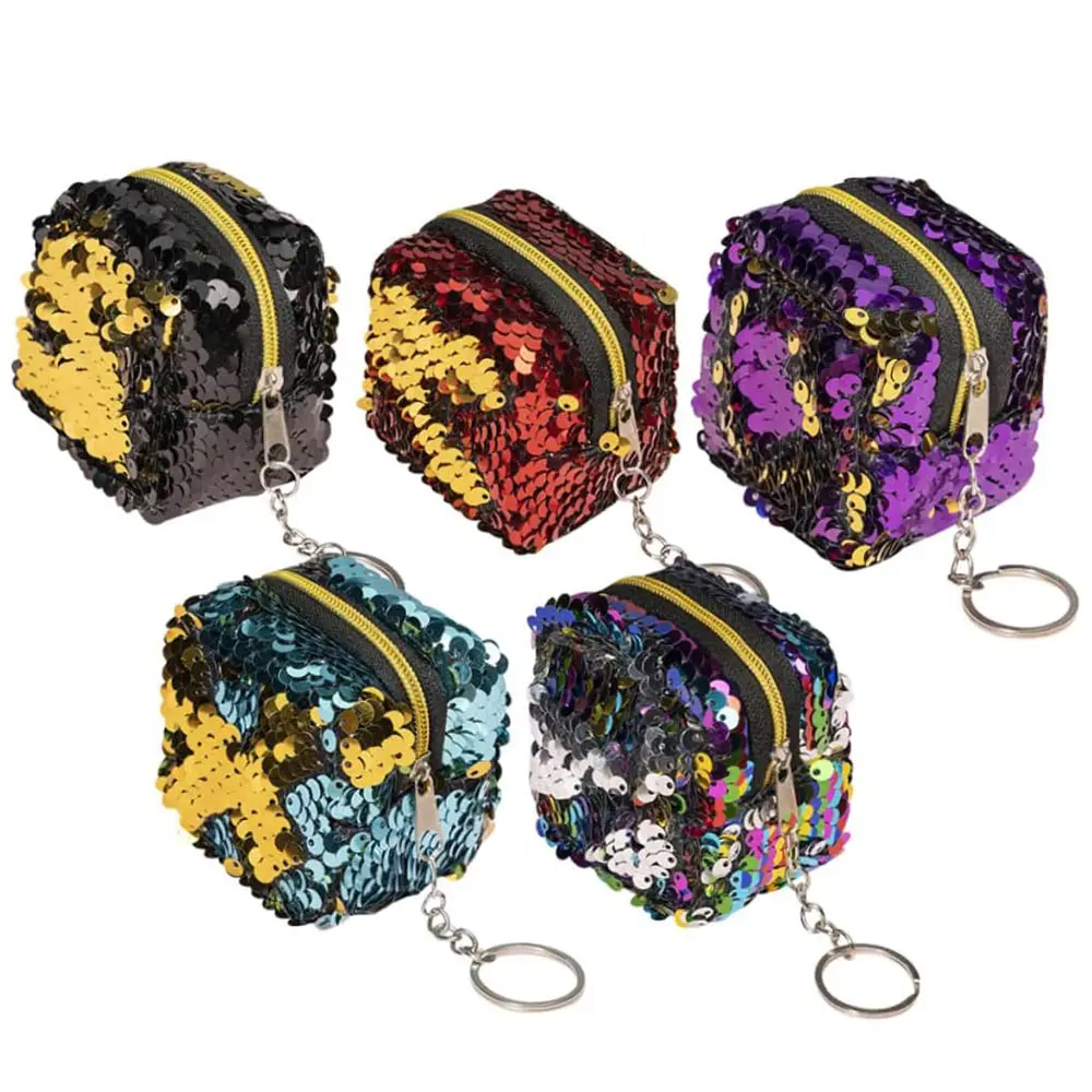 동전 지갑 스팽글 파우치 다채로운 반짝이 미니 지갑 열쇠 고리 여자 어린이 큐브 지퍼 가방 핸드백 지갑 가방 열쇠 고리