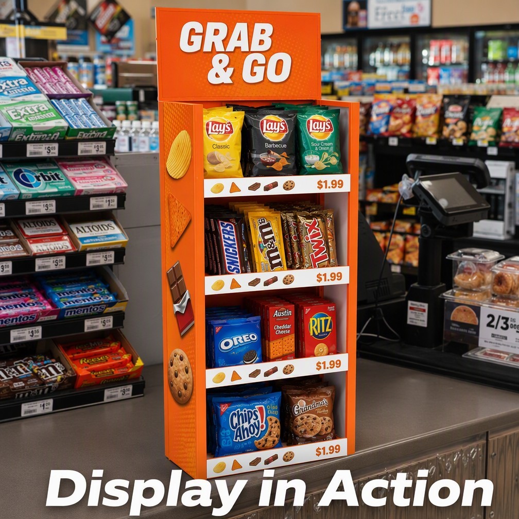 Apache Custom Snack Display Rack 4-Way 4-Tier Metal Food Merchandiser Knock Down Rotating Display Stand for Gas Station OEM ODM — view 2