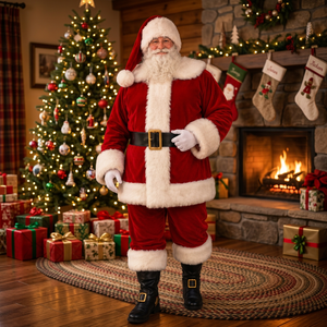Disfraz de Papá Noel para Fiesta de Navidad, Completo con Abrigo de Terciopelo Rojo, Pantalones, Sombrero, Cinturón, Barba, Guantes y Cubrecalzados para Eventos Festivos - Product Image 1