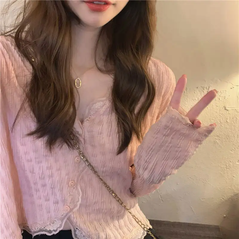Lace shirt summer femininity V-neck short long sleeve sun-proof cardigan summer pink pure hot girl blouse