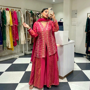 Pink Embroidered <b>Kurta</b> Set With Palazzo Pants Traditional <b>Indian</b> Pakistani Women's Loose Fit Floor-Length Wedding Wear - Product Image 1