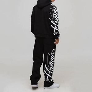 Winter Black White Graffiti Print <b>Thermal</b> 100% Cotton Hoodie Sweatpants Street Custom Men Two Piece <b>Tracksuit</b> - Product Image 3