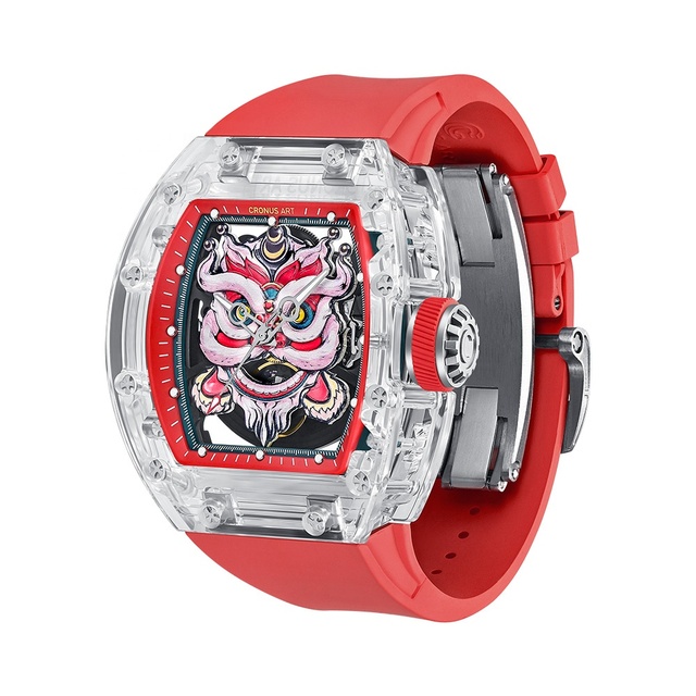 Original Luxury Men's Mechanical Watches - 44 mm Tonneau case with Sapphire Crystal, Red Rubber Strap, lion Design Inspiration