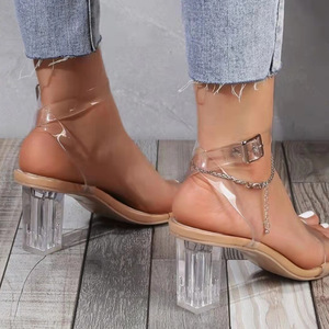 Nouvelles Chaussures d'été à Talons Hauts pour Femmes en Cuir PU avec Boucle, Bout Carré Ouvert et Talons Transparents en Cristal – Vente Flash - Product Image 4
